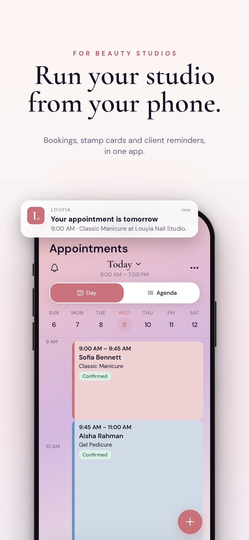 Approved Louyia screenshot showing the Business appointment calendar and a customer appointment reminder.