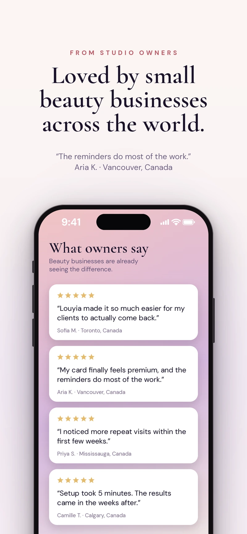 Approved Louyia App Store screenshot with the original owner testimonials from Sofia M., Aria K., Priya S. and Camille T.