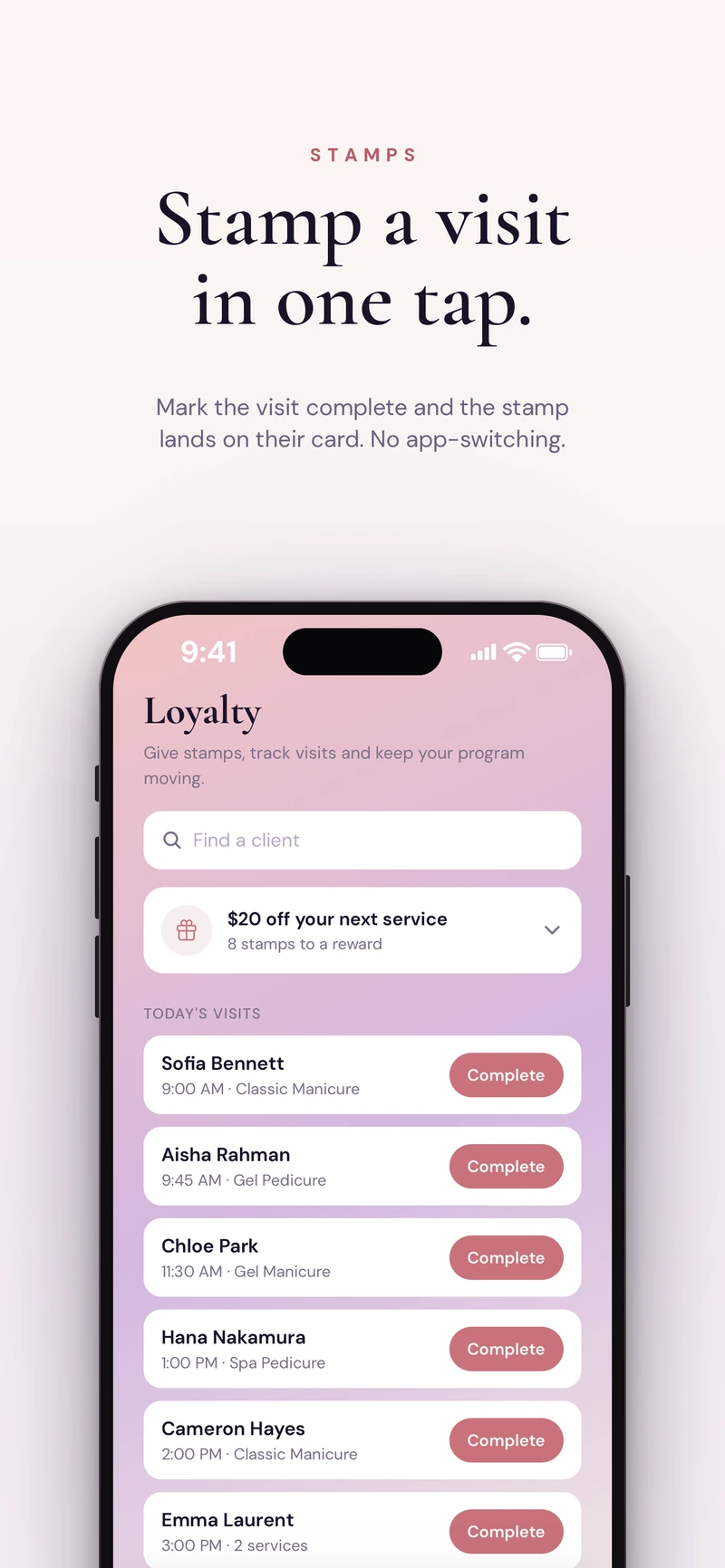 Approved Louyia screenshot showing today’s visits, Complete actions, and stamps toward a reward.