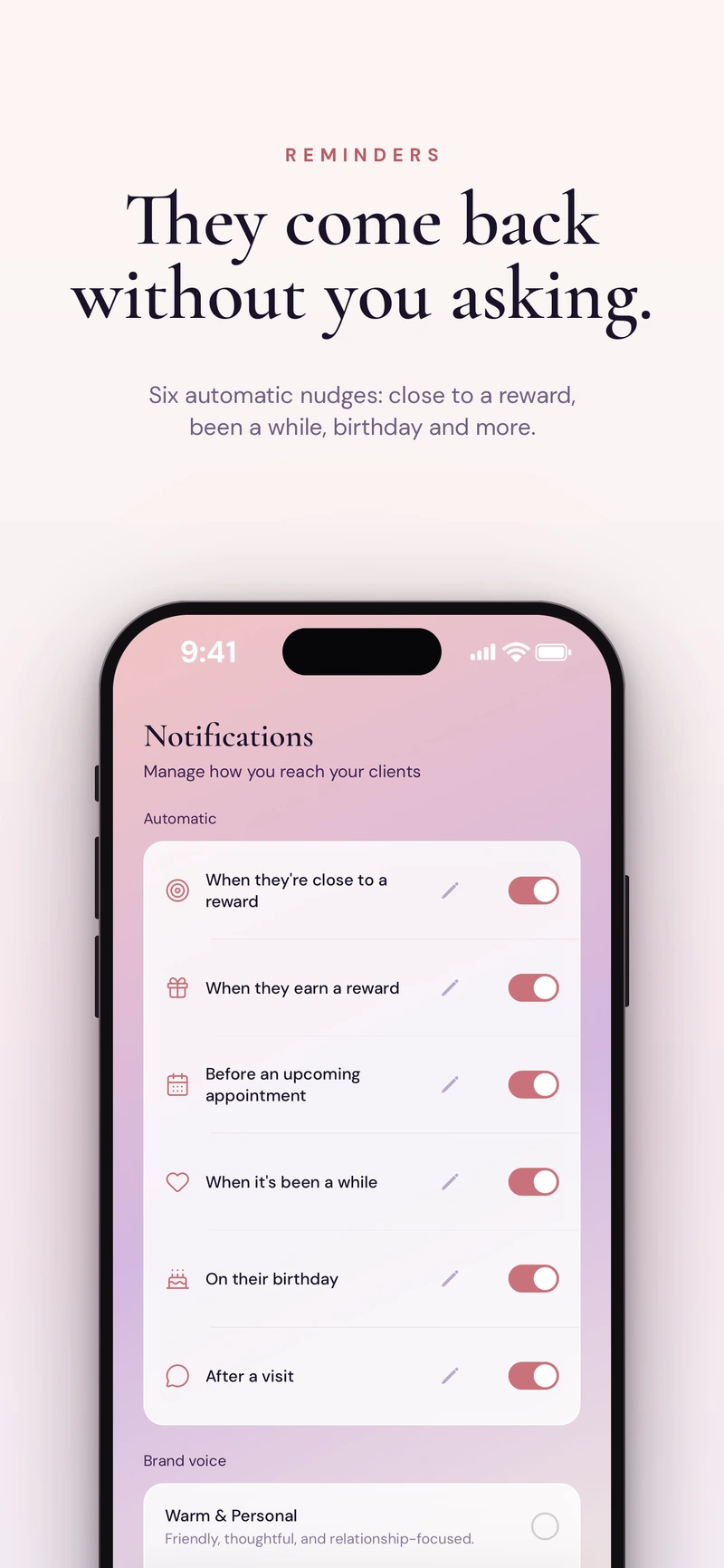 Approved Louyia screenshot showing reminder settings for appointments, rewards, birthdays and follow-ups.
