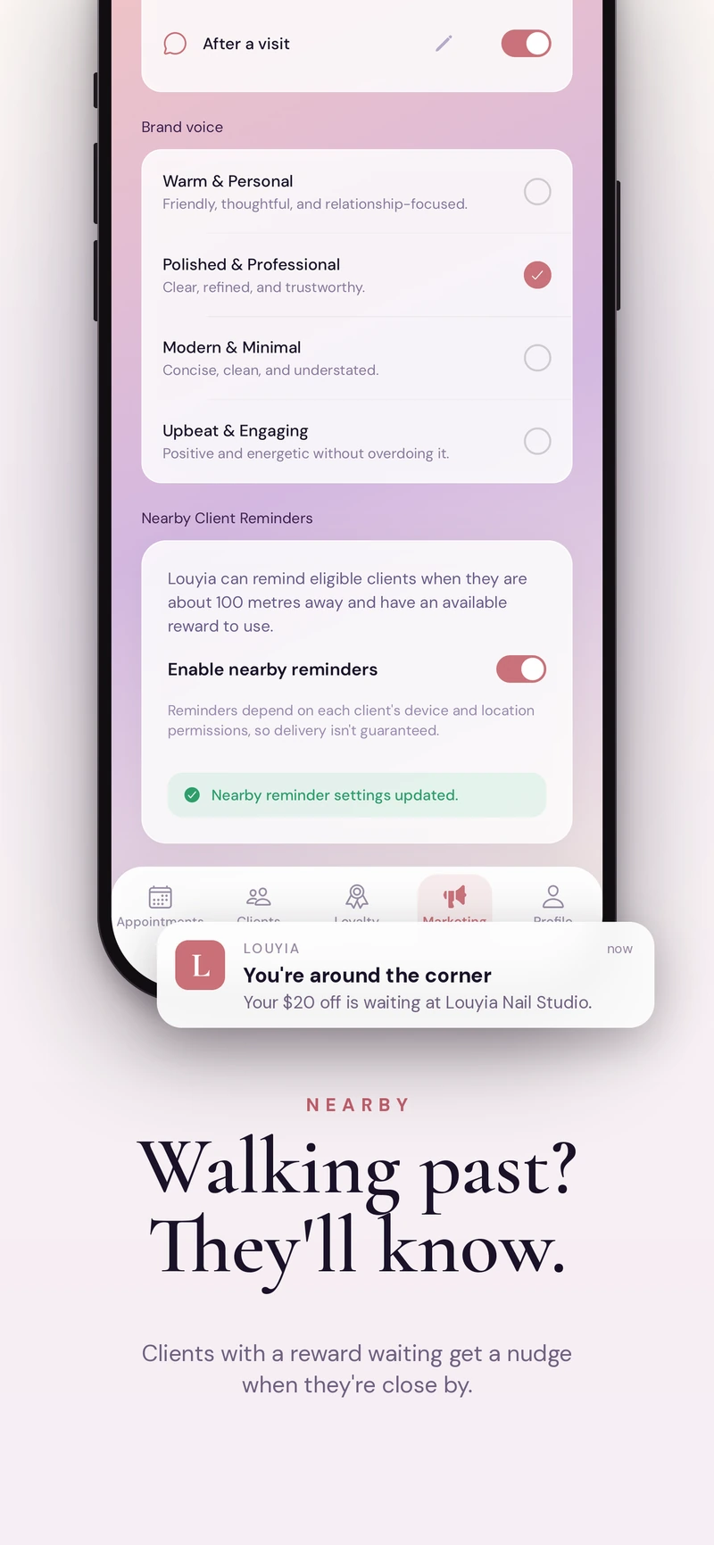 Approved Louyia nearby reminders screenshot, including device and location permission requirements.