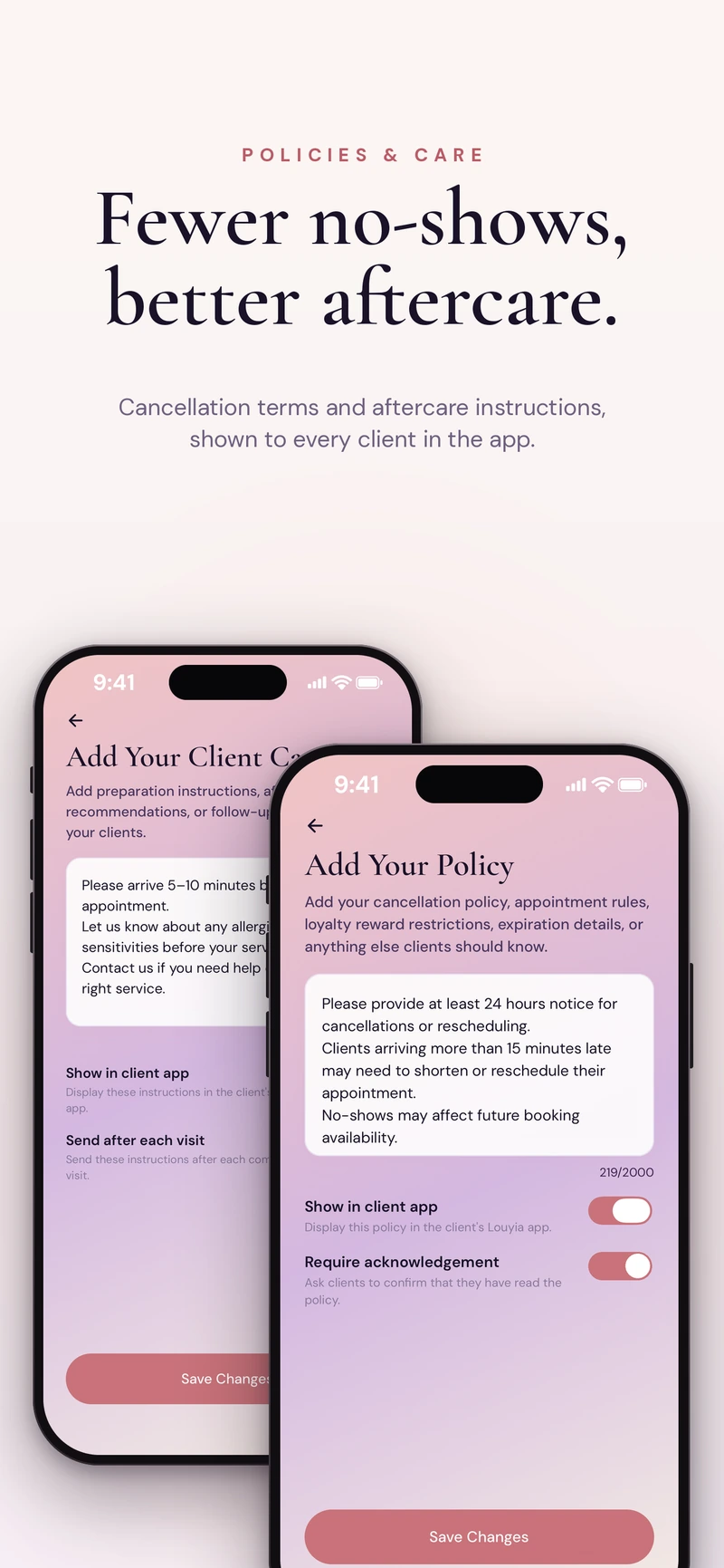Approved Louyia screenshot showing Business settings for client care instructions and cancellation policies.