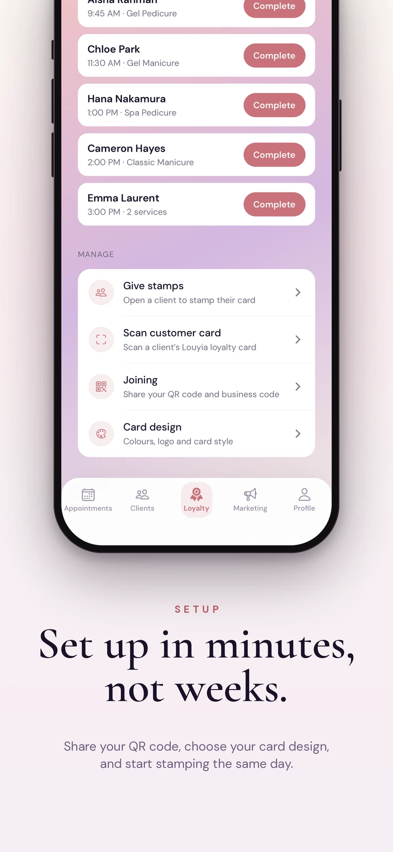 Approved Louyia setup screenshot showing card design, QR code sharing and customer card scanning.