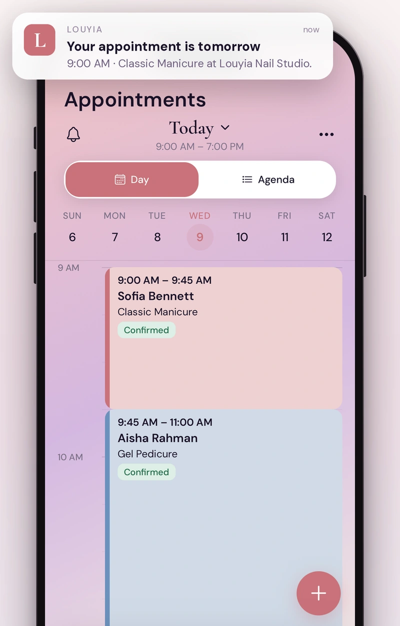 Louyia’s Business appointments screen with Day and Agenda views, scheduled services and an appointment reminder.